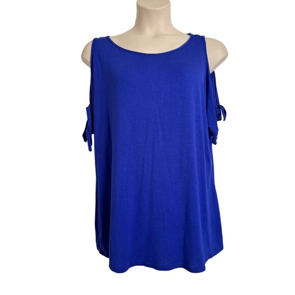 Green Envelope Royal Blue Cold Shoulder Size 1X Short Sleeve Tee Shirt Top NWT - Picture 9 of 10